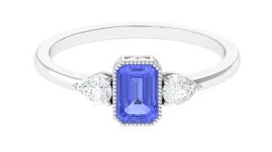 1 CT Beaded Bezel Set Tanzanite Solitaire Ring with Diamond