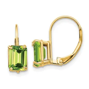 14k 7x5mm Emerald Cut Peridot Leverback Earrings