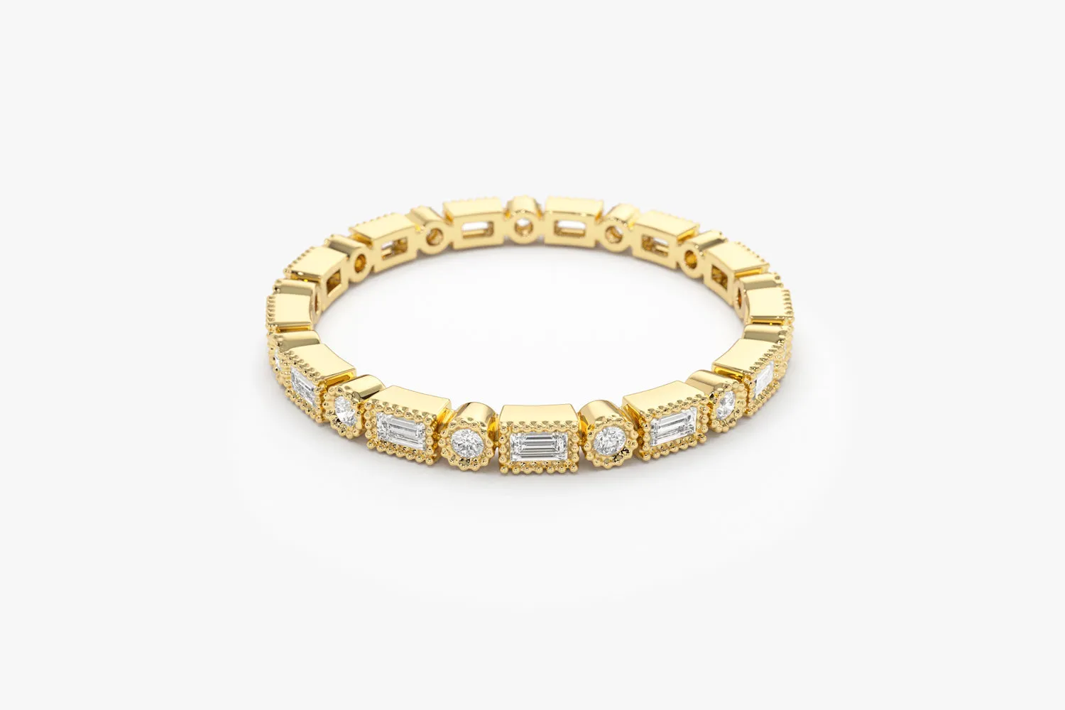 14K Baguette & Round Diamond Milgrain Bezel Full Eternity Ring