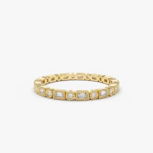 14K Baguette & Round Diamond Milgrain Bezel Full Eternity Ring