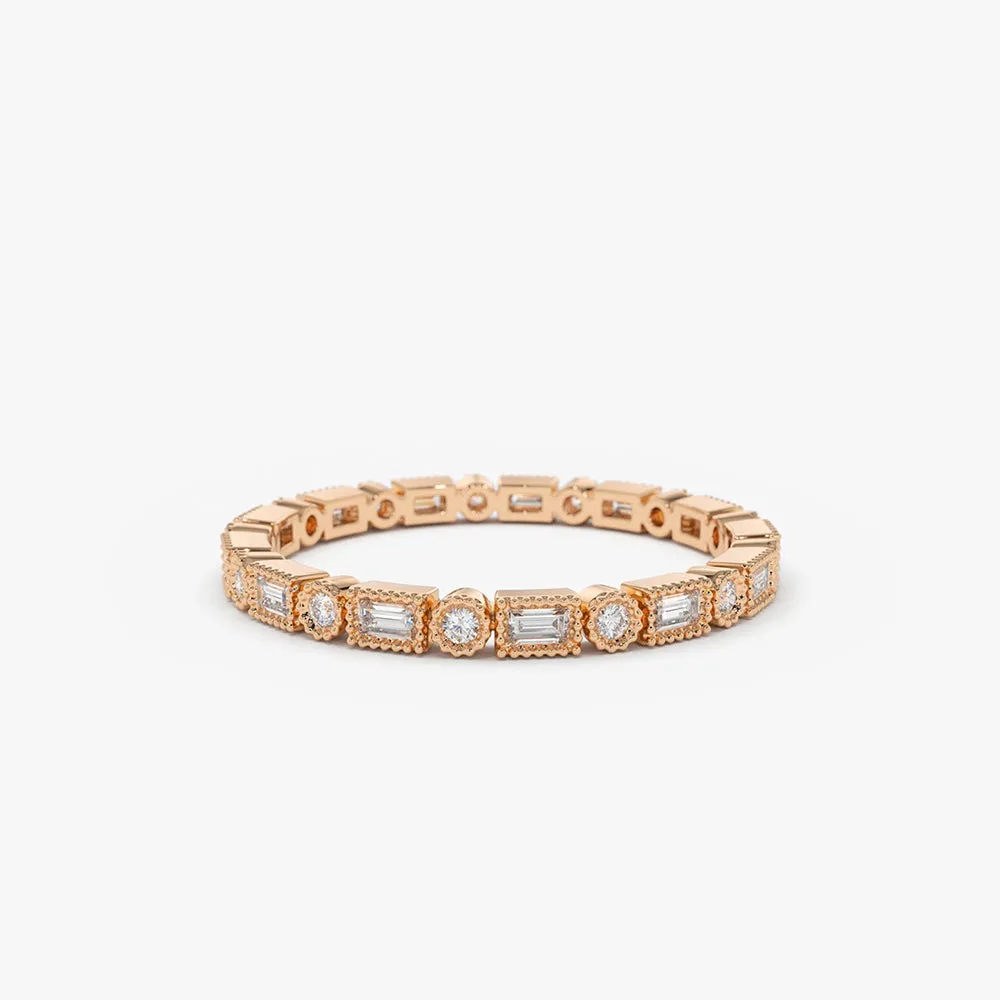 14K Baguette & Round Diamond Milgrain Bezel Full Eternity Ring