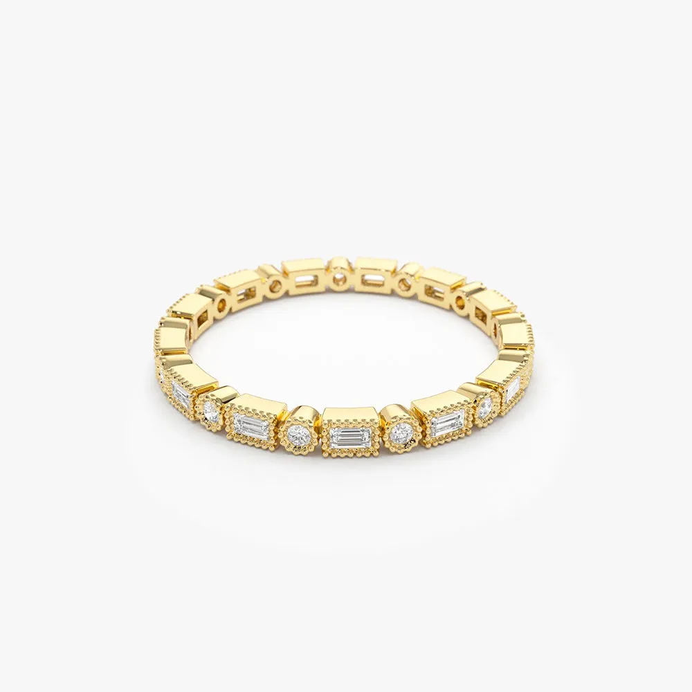 14K Baguette & Round Diamond Milgrain Bezel Full Eternity Ring