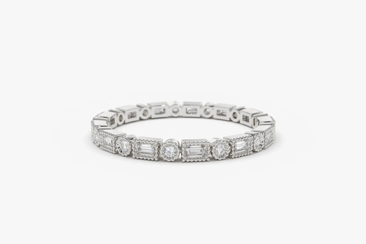 14K Baguette & Round Diamond Milgrain Bezel Full Eternity Ring