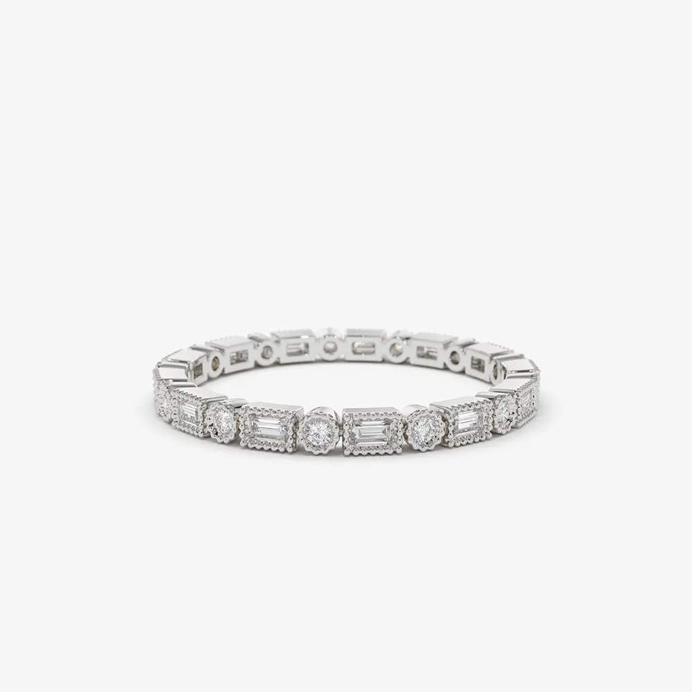 14K Baguette & Round Diamond Milgrain Bezel Full Eternity Ring