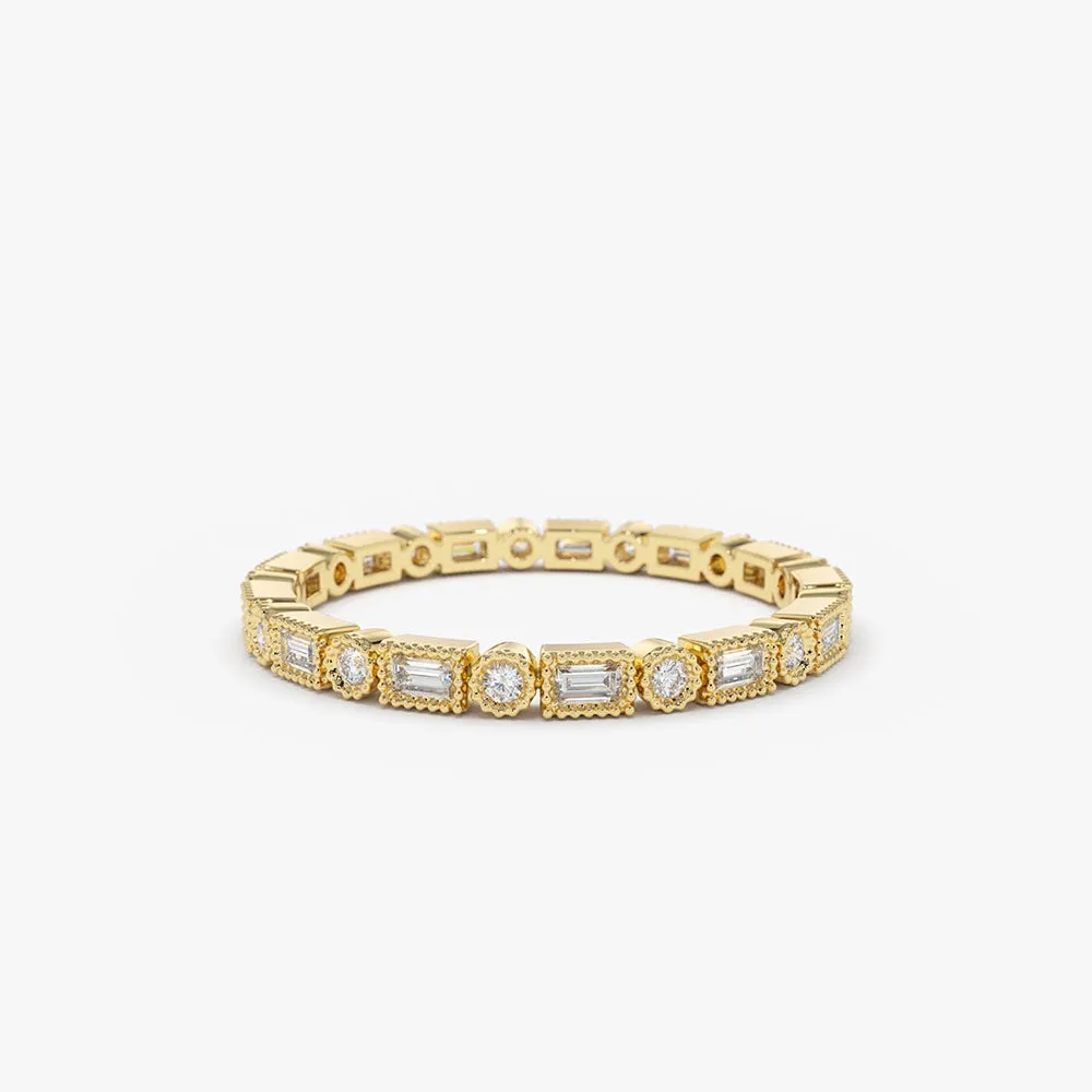 14K Baguette & Round Diamond Milgrain Bezel Full Eternity Ring