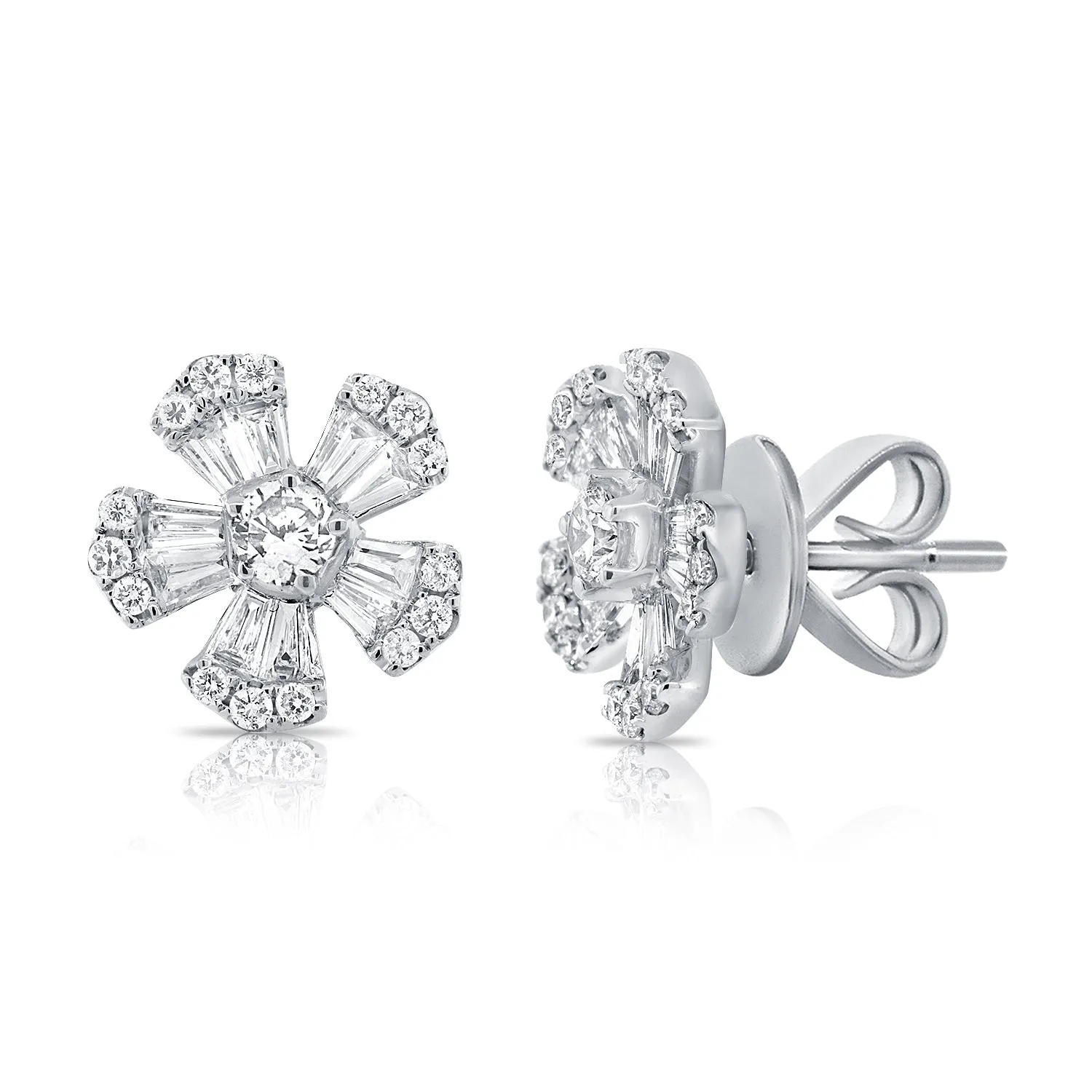 14k Gold & Diamond Baguette Flower Stud Earrings - 0.70ct