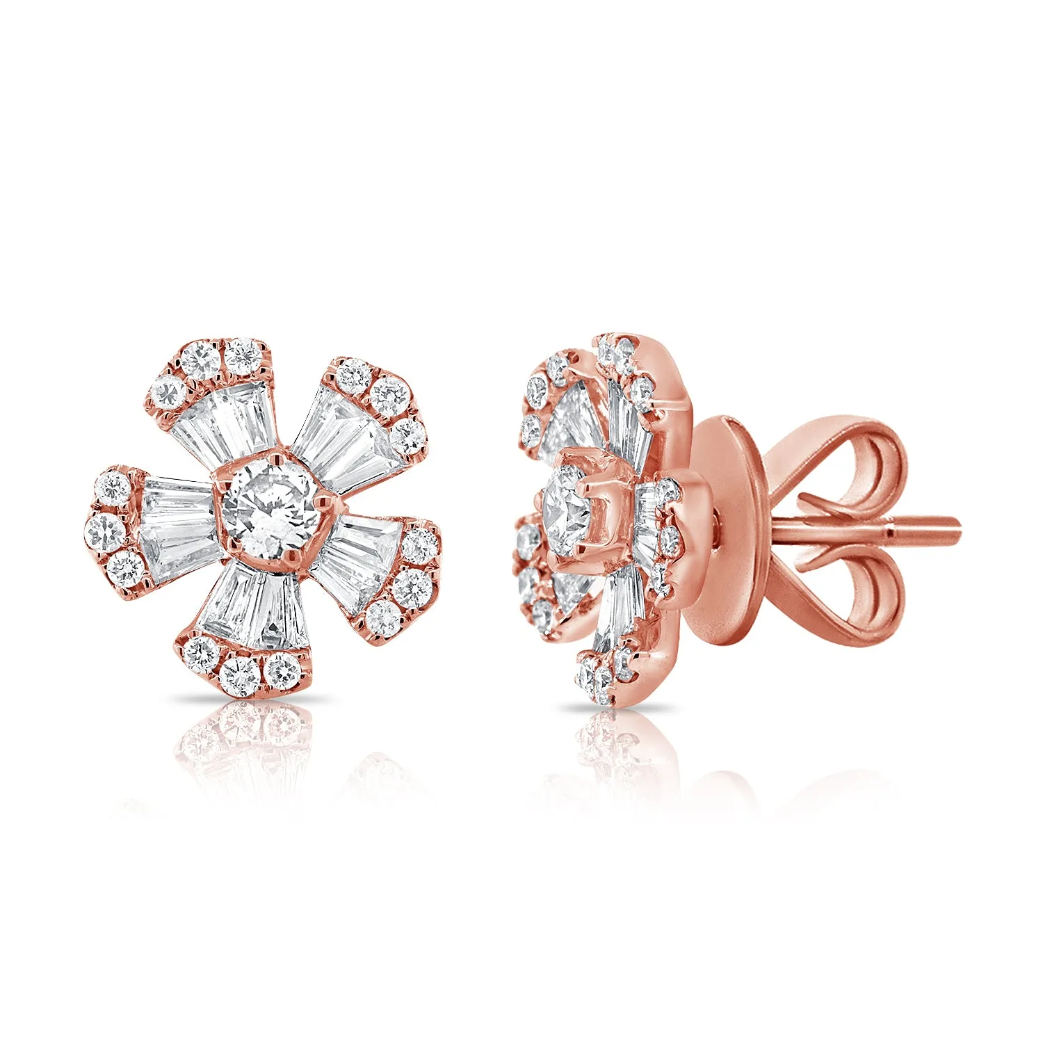 14k Gold & Diamond Baguette Flower Stud Earrings - 0.70ct