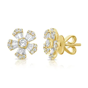 14k Gold & Diamond Baguette Flower Stud Earrings - 0.70ct