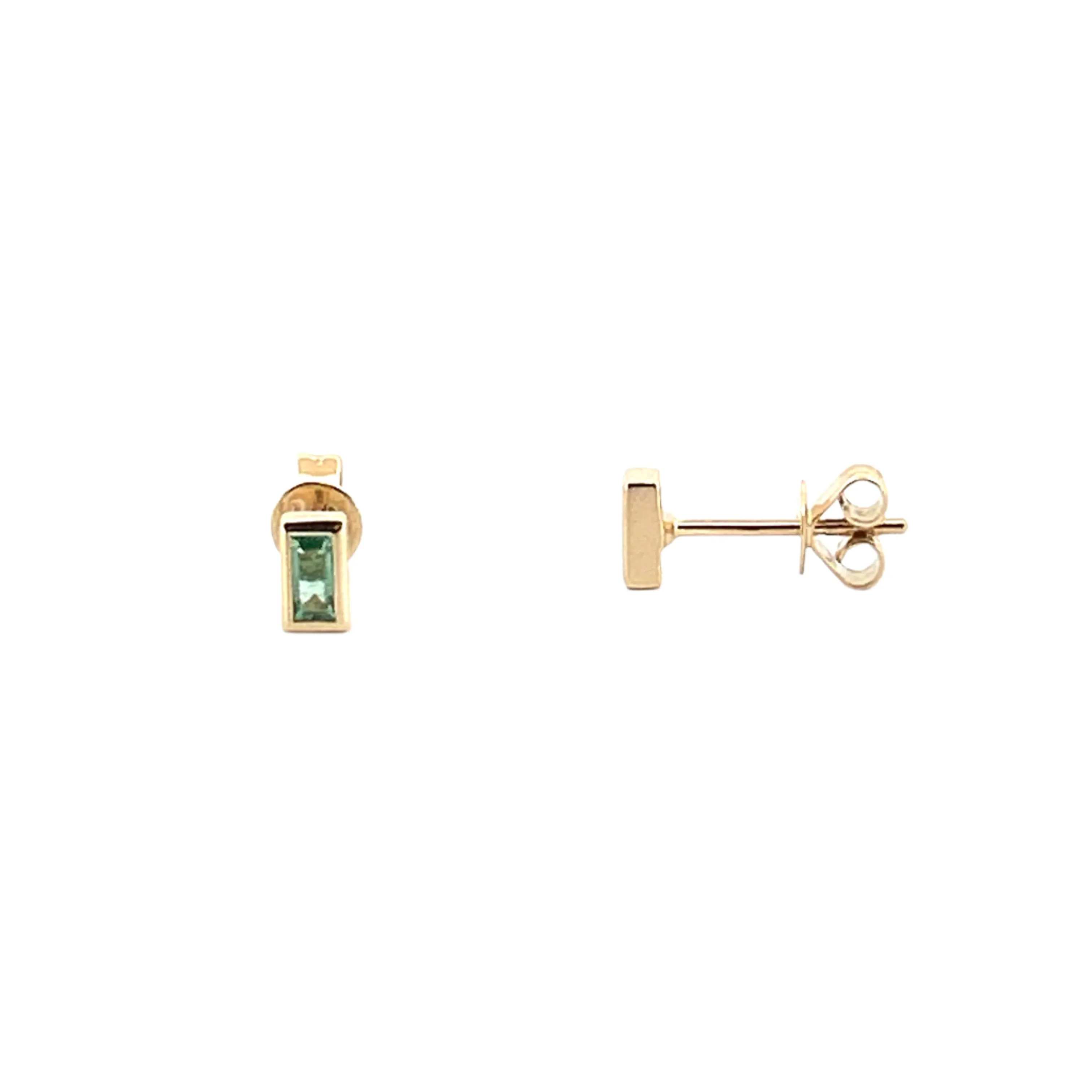 14K Gold Baguette Cut Emerald Bezel Stud Earrings