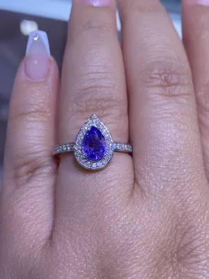 14K Gold Basket Halo Pear Tanzanite Band