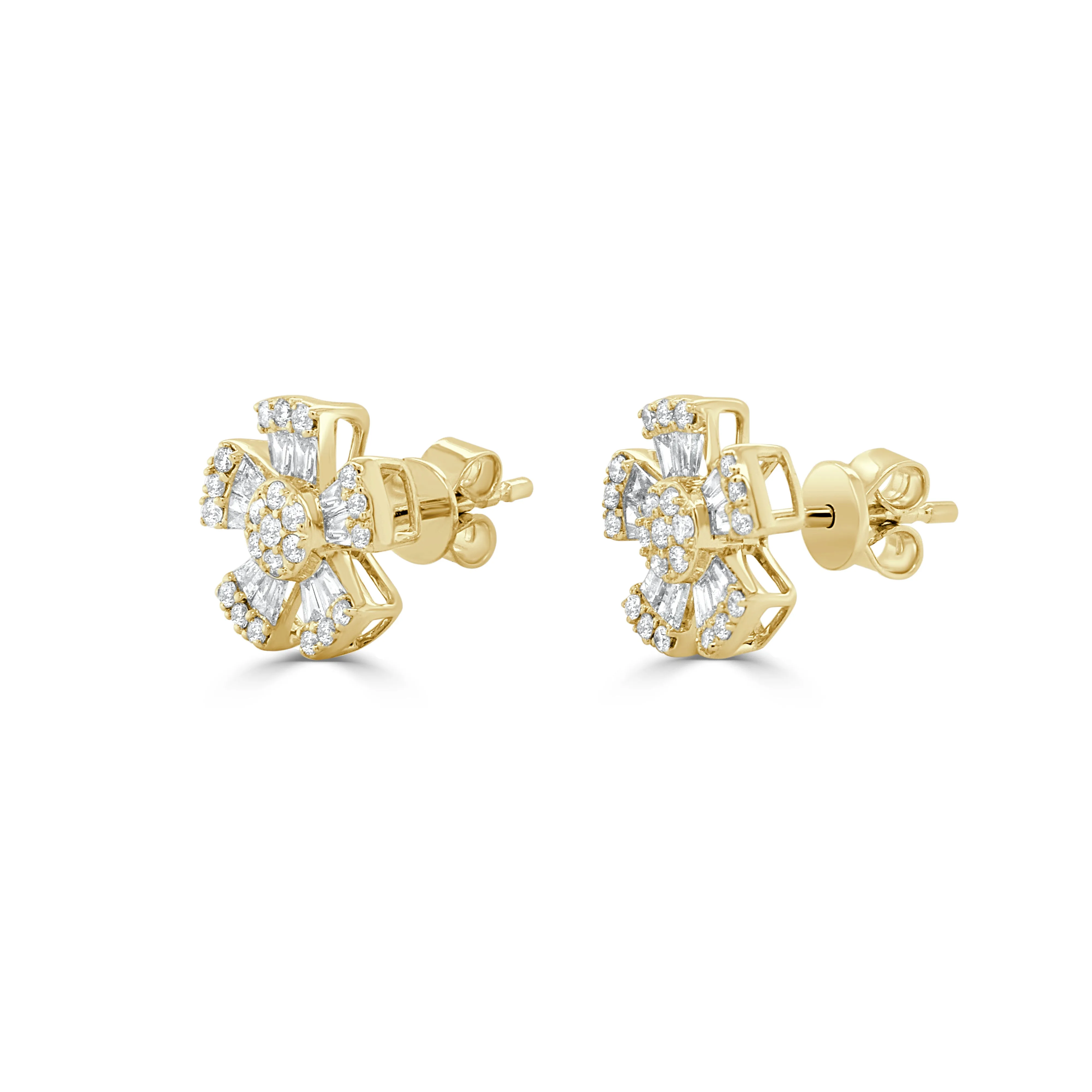 14K Gold Diamond Baguette Flower Stud Earrings - 0.75ct