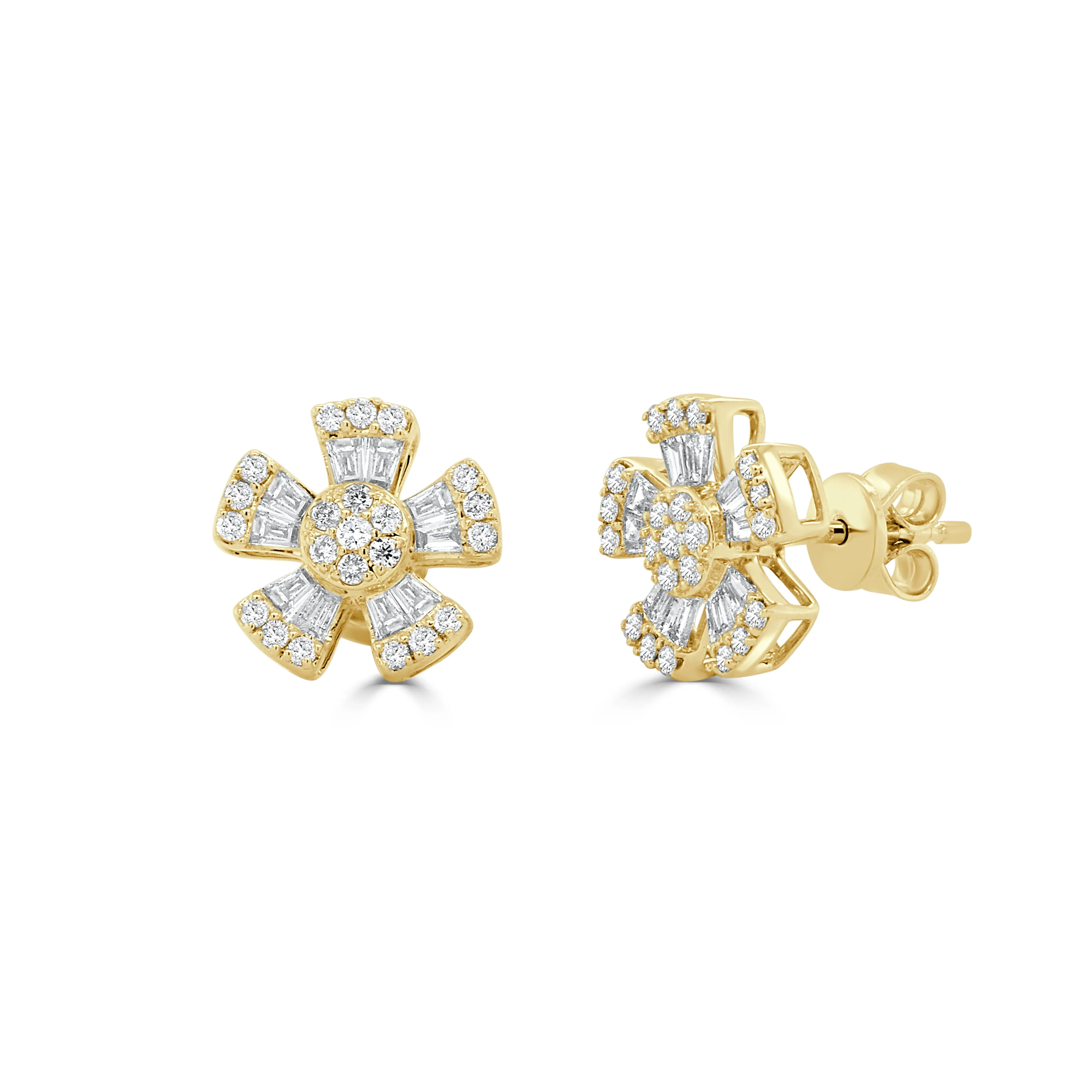 14K Gold Diamond Baguette Flower Stud Earrings - 0.75ct