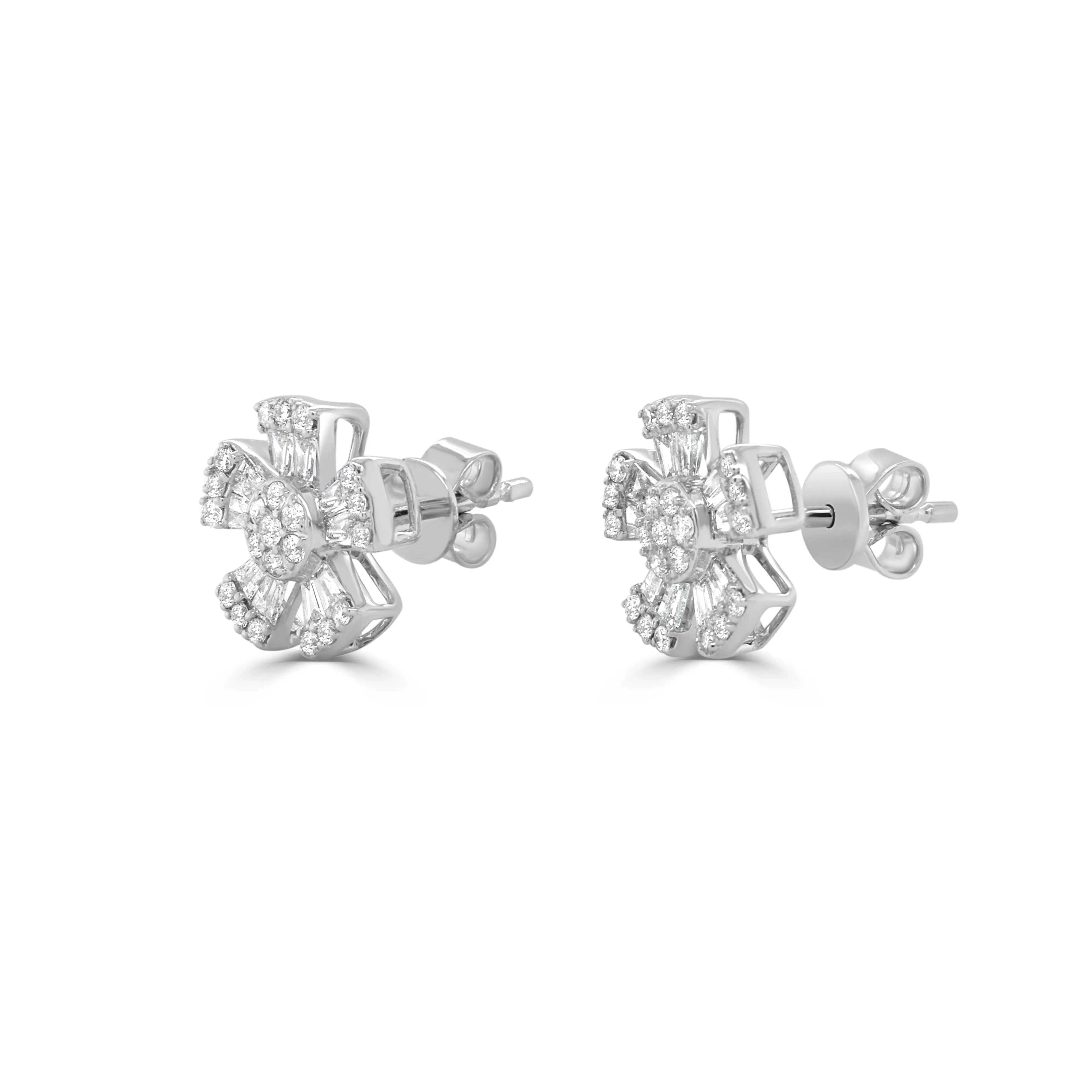 14K Gold Diamond Baguette Flower Stud Earrings - 0.75ct