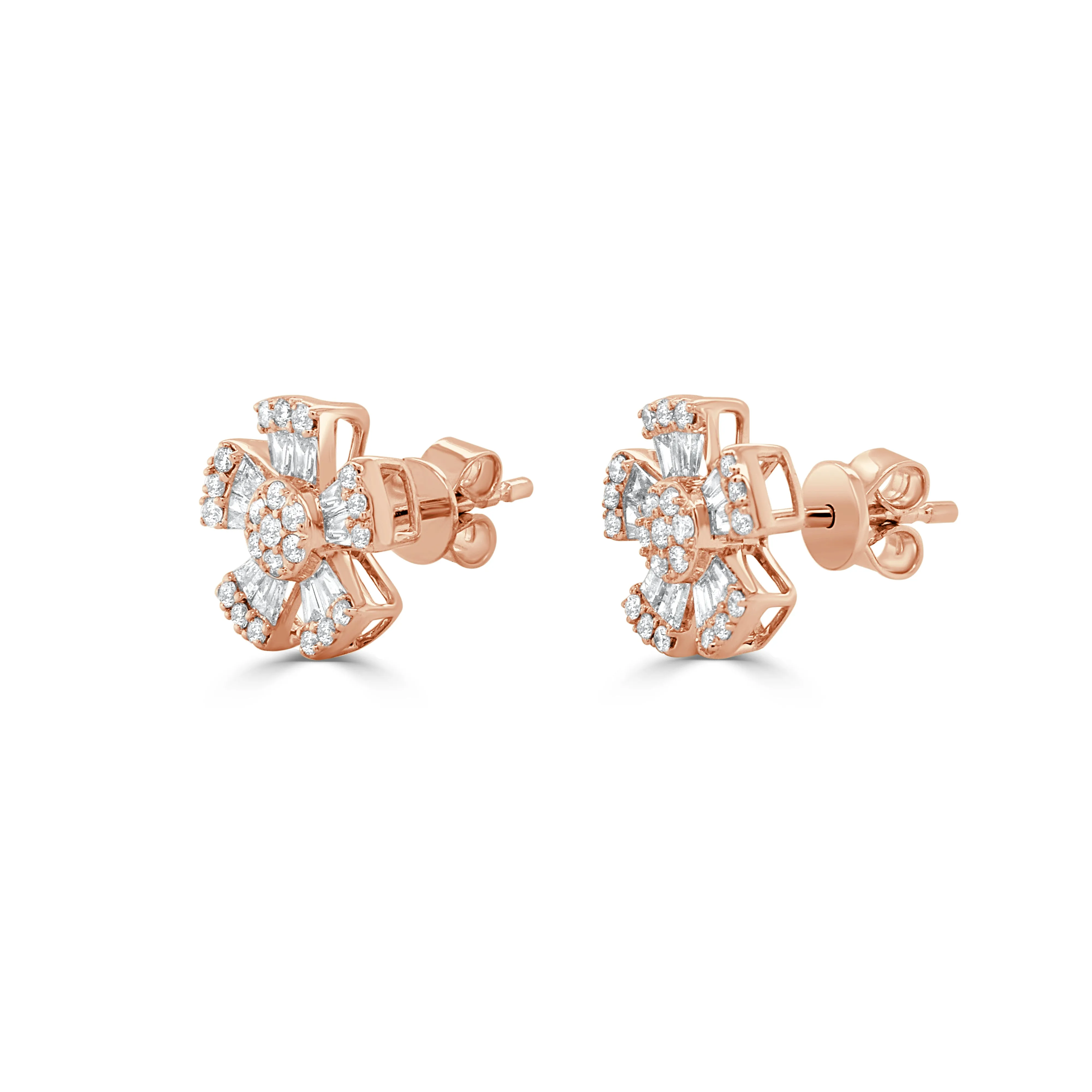 14K Gold Diamond Baguette Flower Stud Earrings - 0.75ct