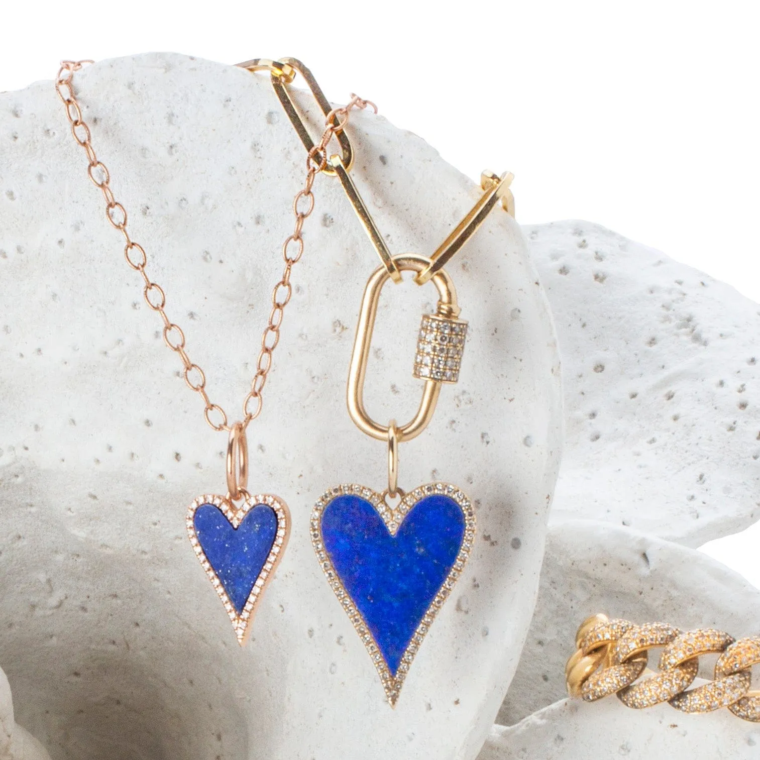 14K Gold Large Blue Lapis and Diamond Elongated Heart Charm