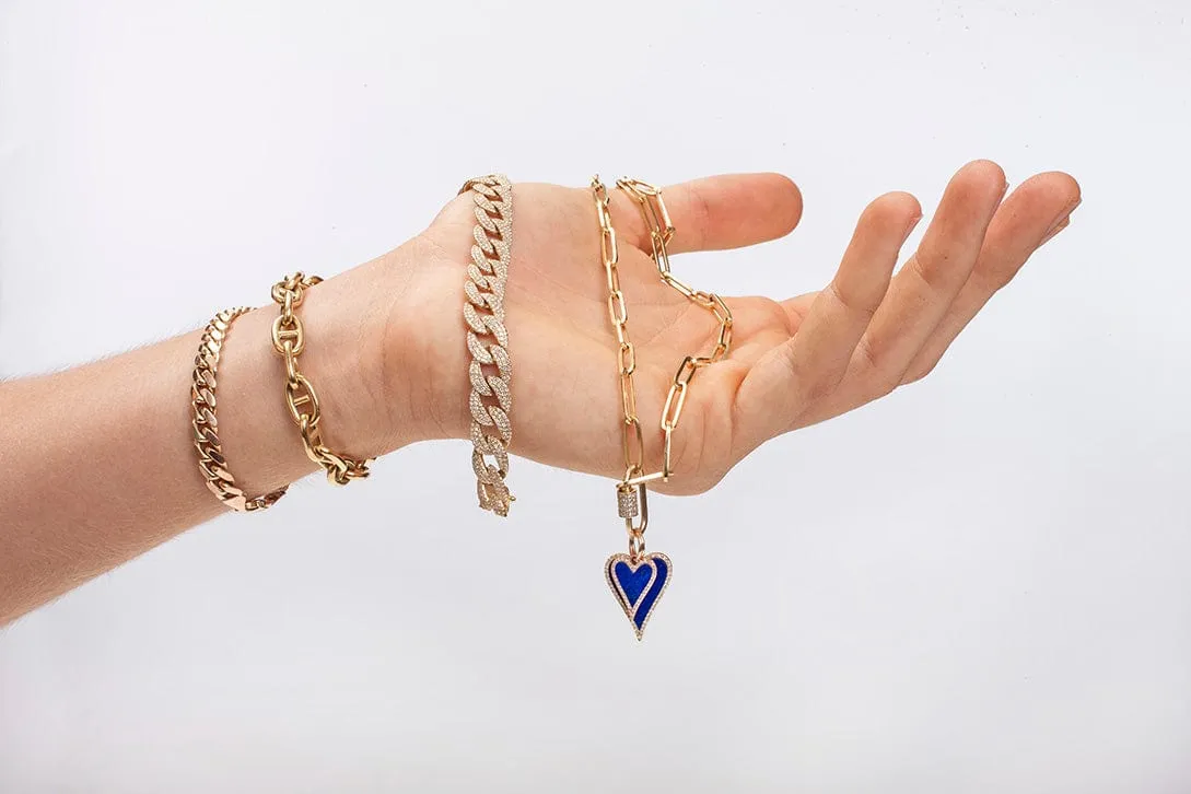 14K Gold Large Blue Lapis and Diamond Elongated Heart Charm