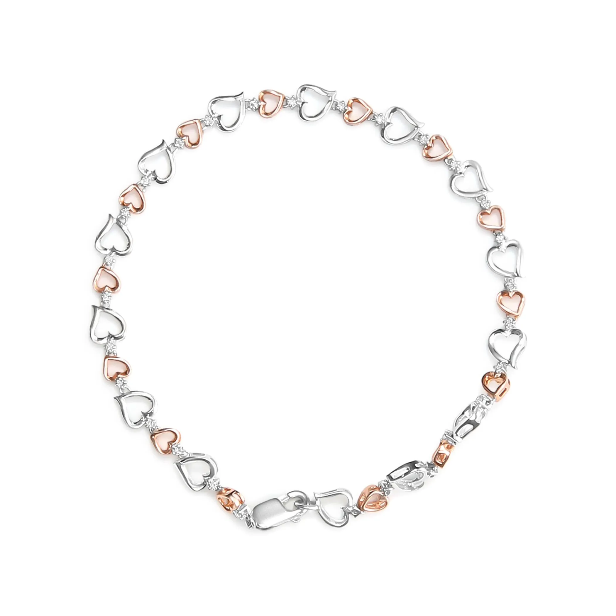 14K Rose Gold Plated .925 Sterling Silver 1/4 Cttw Diamond Heart Link Bracelet (I-J Color, I2-I3 Clarity) - Size 7" Inches