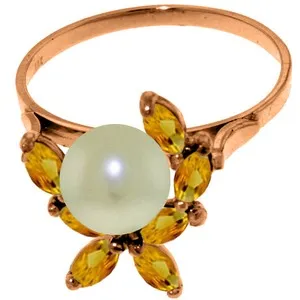 14K Solid Rose Gold Ring w/ Natural Citrines & Pearl