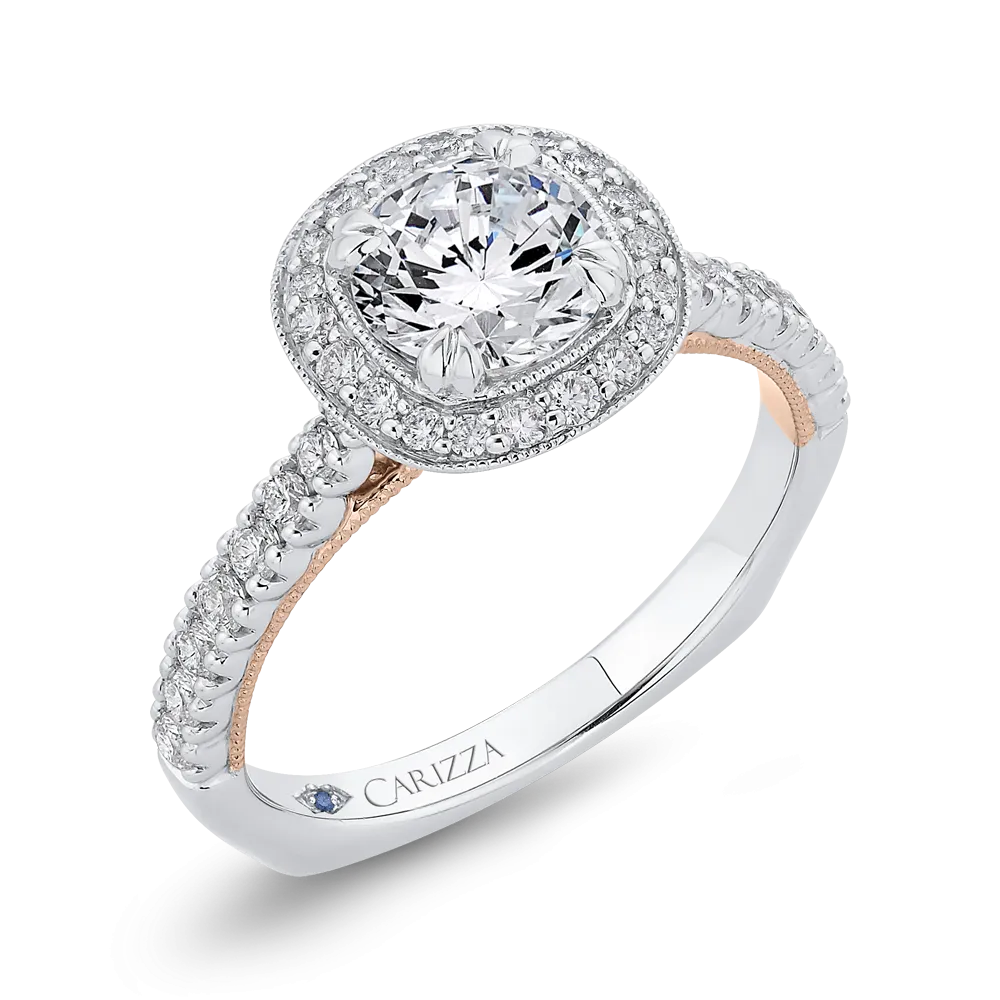 14K Two Tone Gold Round Diamond Halo Engagement Ring with Euro Shank (Semi Mount)