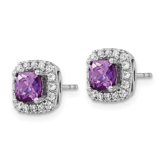 14k White Gold 5mm Cushion Gemstone and Diamond Halo Earrings