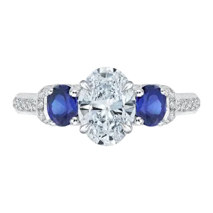 14K White Gold Oval Diamond With Sapphire Three Stone Engagement Ring (Semi Mount)