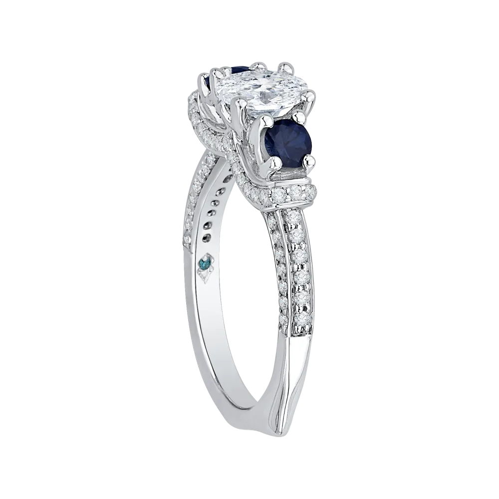 14K White Gold Oval Diamond With Sapphire Three Stone Engagement Ring (Semi Mount)