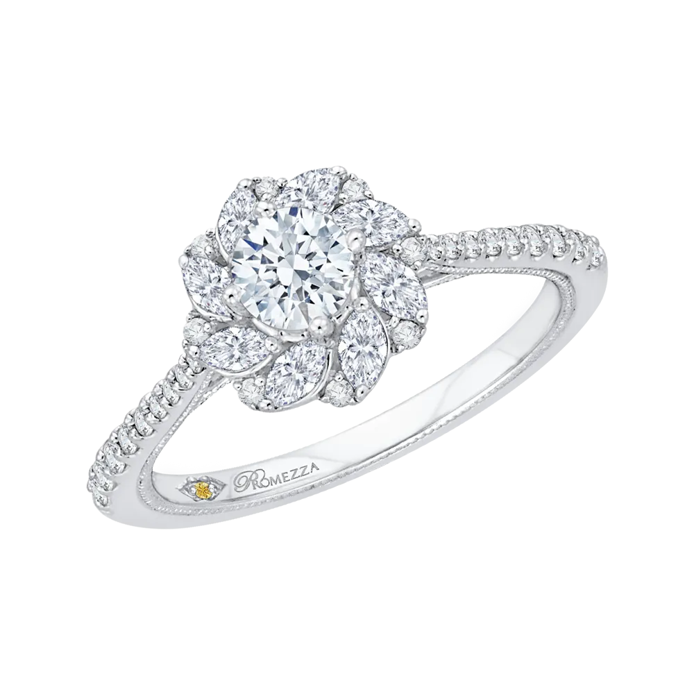 14K White Gold Round Cut Diamond Floral Halo Engagement Ring