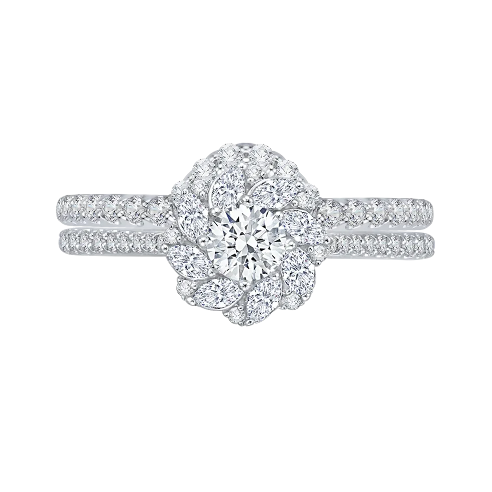 14K White Gold Round Cut Diamond Floral Halo Engagement Ring