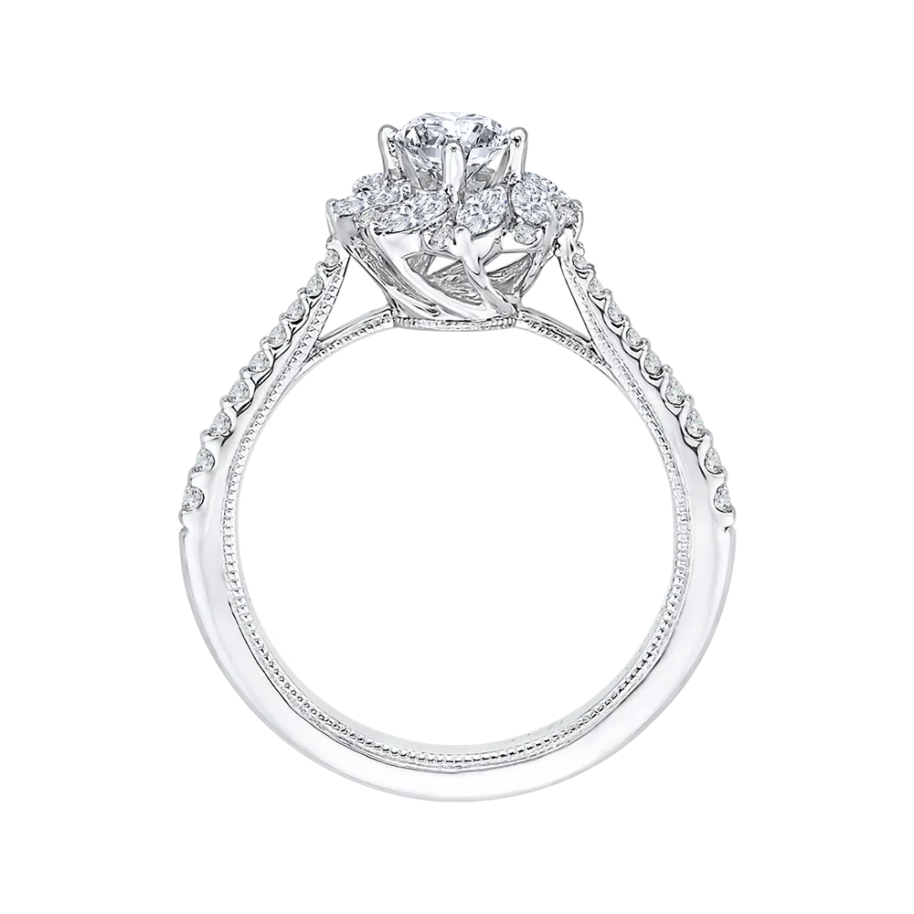 14K White Gold Round Cut Diamond Floral Halo Engagement Ring