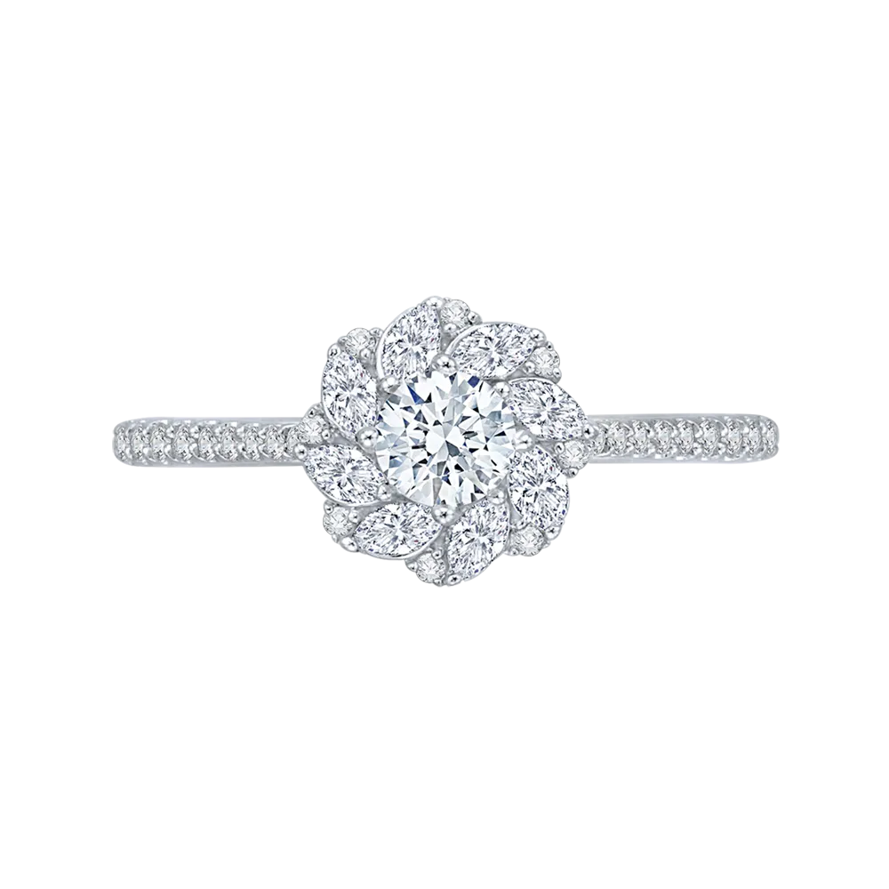 14K White Gold Round Cut Diamond Floral Halo Engagement Ring