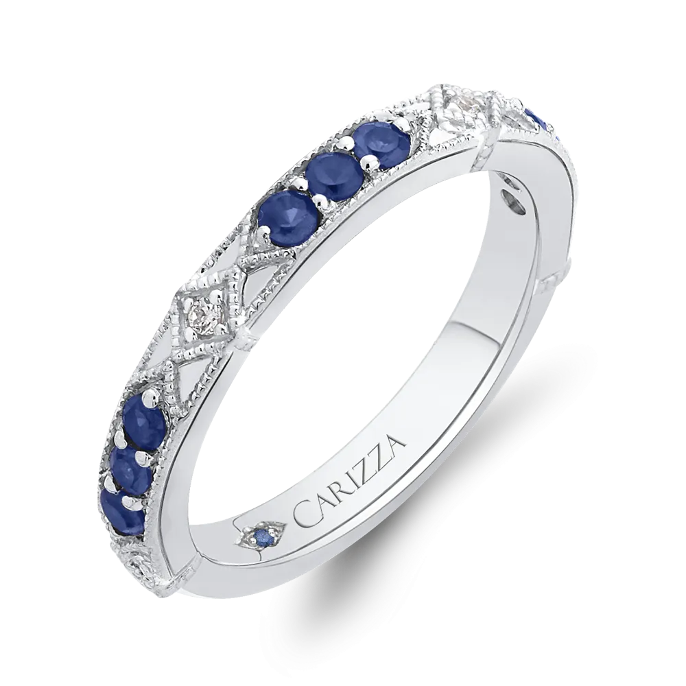 14K White Gold Round Diamond and Sapphire Wedding Band