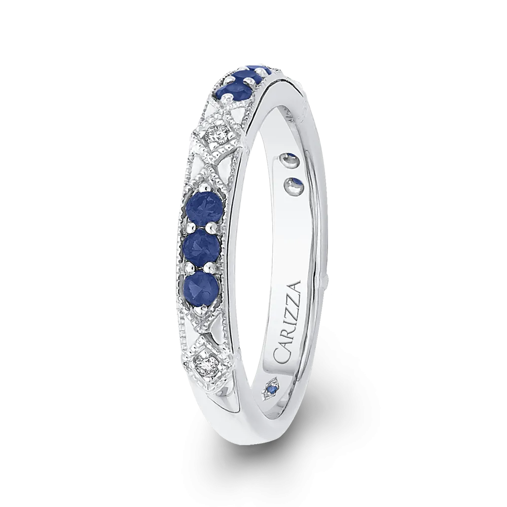 14K White Gold Round Diamond and Sapphire Wedding Band