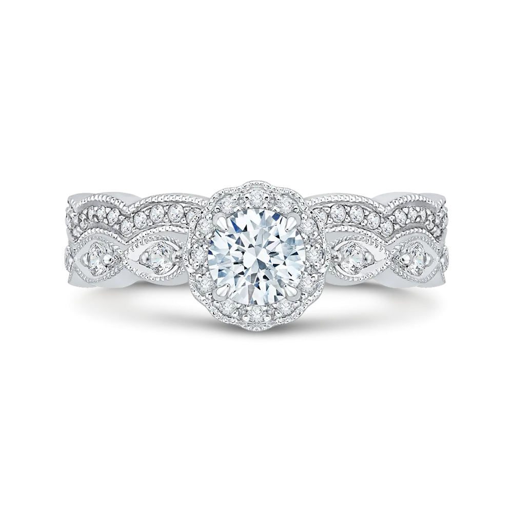 14K White Gold Round Diamond Floral Halo Engagement Ring