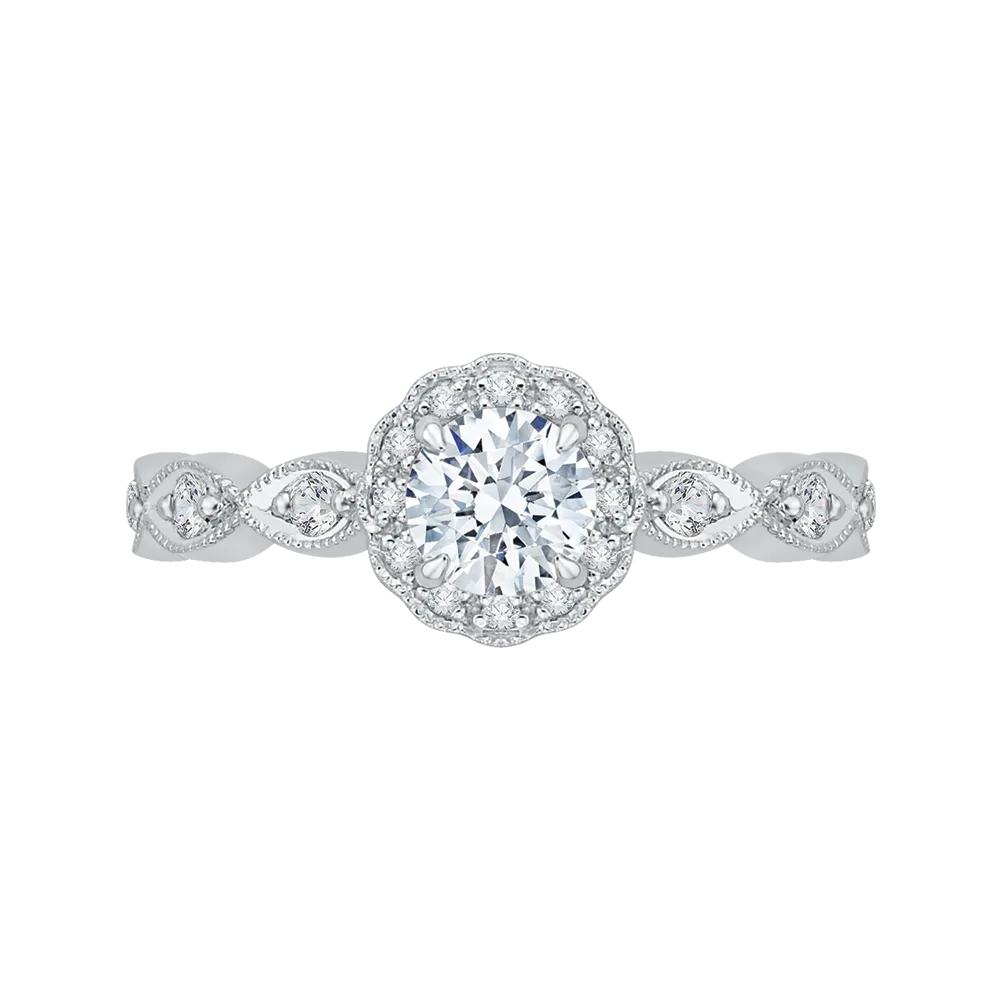 14K White Gold Round Diamond Floral Halo Engagement Ring