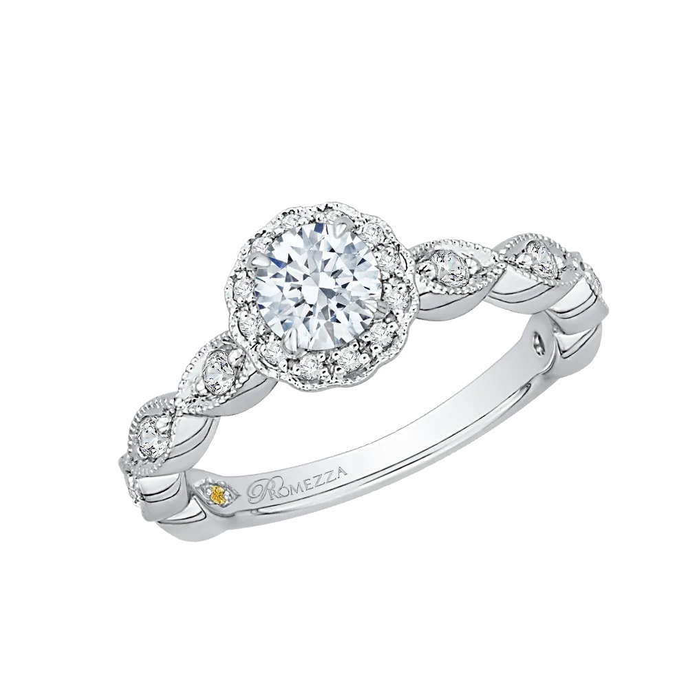 14K White Gold Round Diamond Floral Halo Engagement Ring