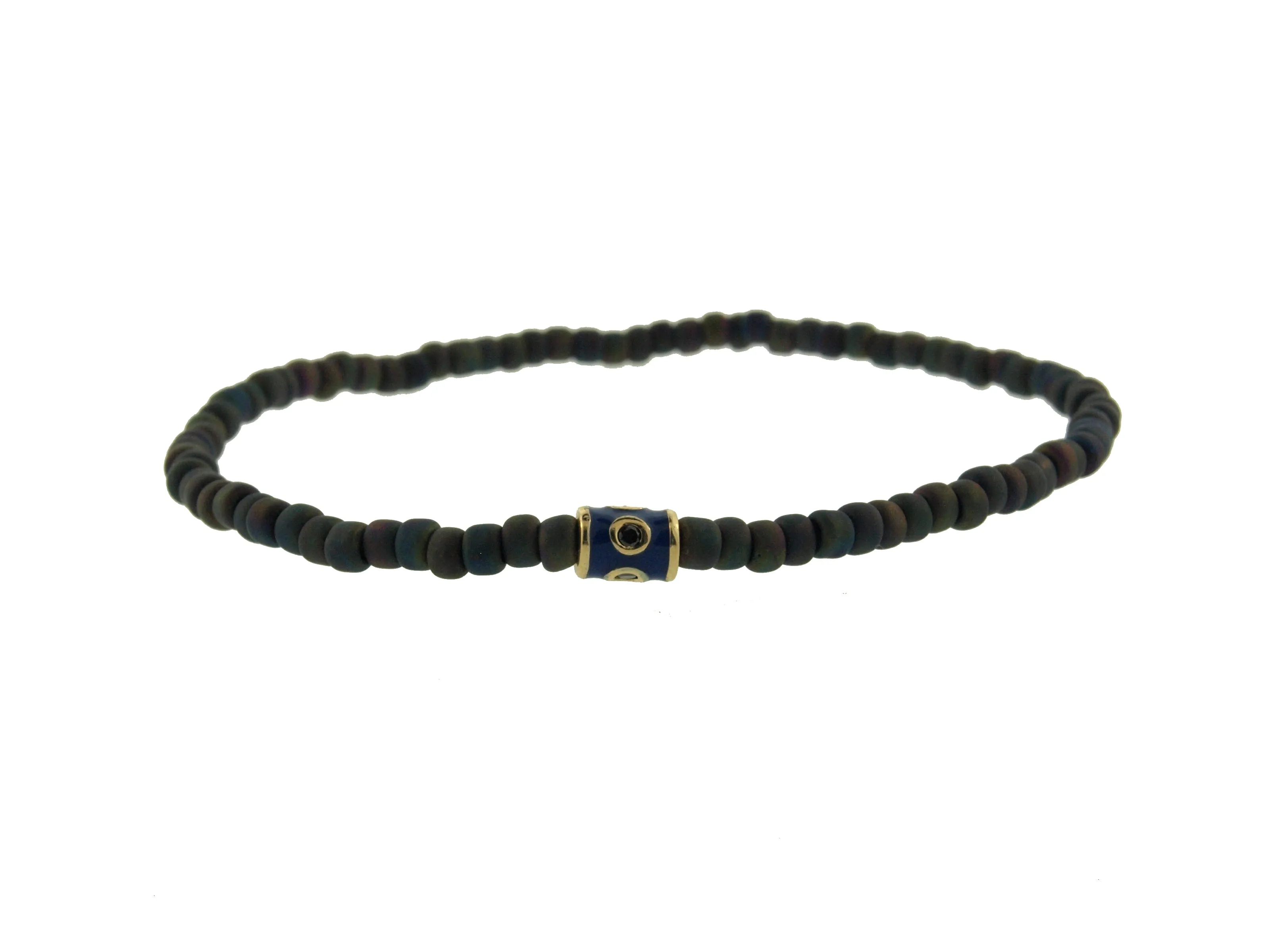 14K Yellow Gold Barrel With Navy Enamel And Black Diamonds On Beaded Bracelet