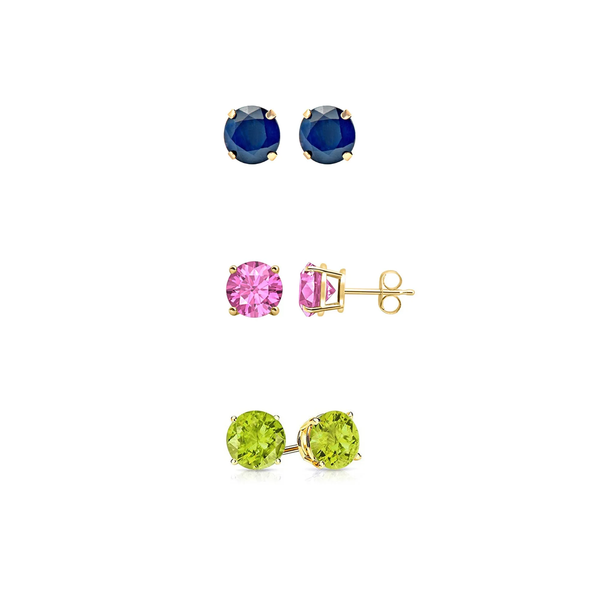 14k Yellow Gold Plated 1/2Ct Created Blue Sapphire, Pink Sapphire and Peridot 3 Pair Round Stud Earrings