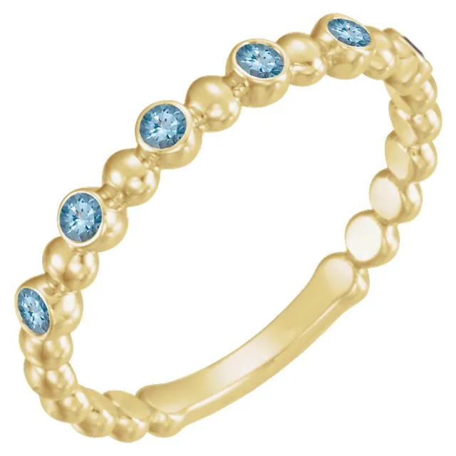 14KT GOLD 0.12 CTW AQUAMARINE 3 STONE BEADED STACKABLE RING