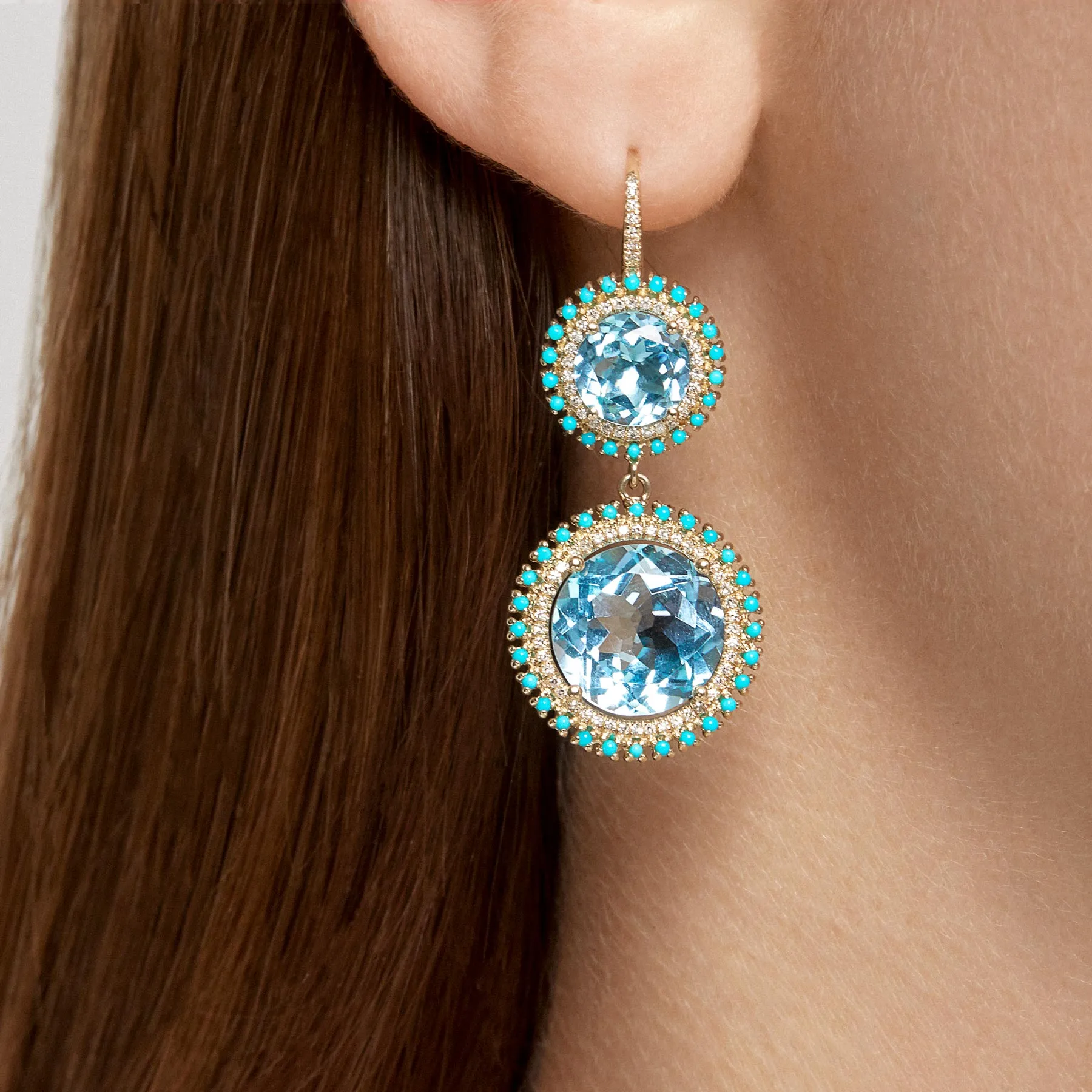 14KT Yellow Gold Blue Topaz Diamond Kai Double Drop Earrings