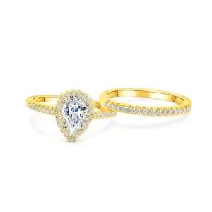 1.5 Carat Pear Shaped Halo Engagement & Wedding Bridal Set - Gold