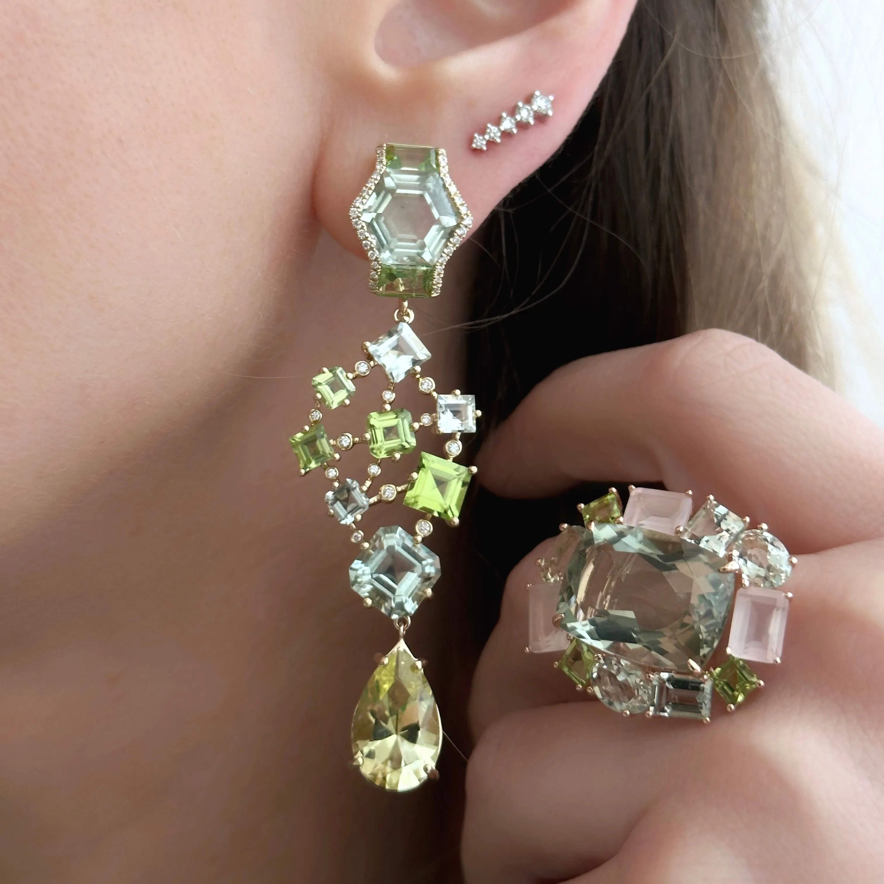 18K Gold Geometric green gemstones and diamonds detachable earrings