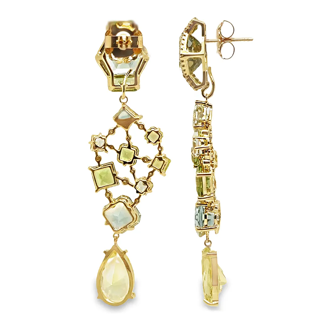 18K Gold Geometric green gemstones and diamonds detachable earrings