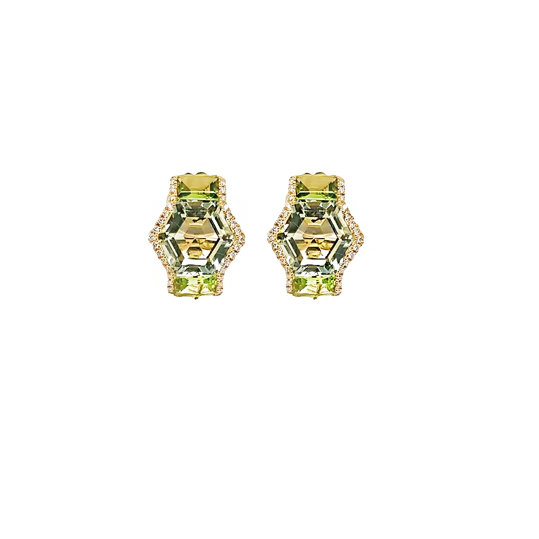 18K Gold Geometric green gemstones and diamonds detachable earrings