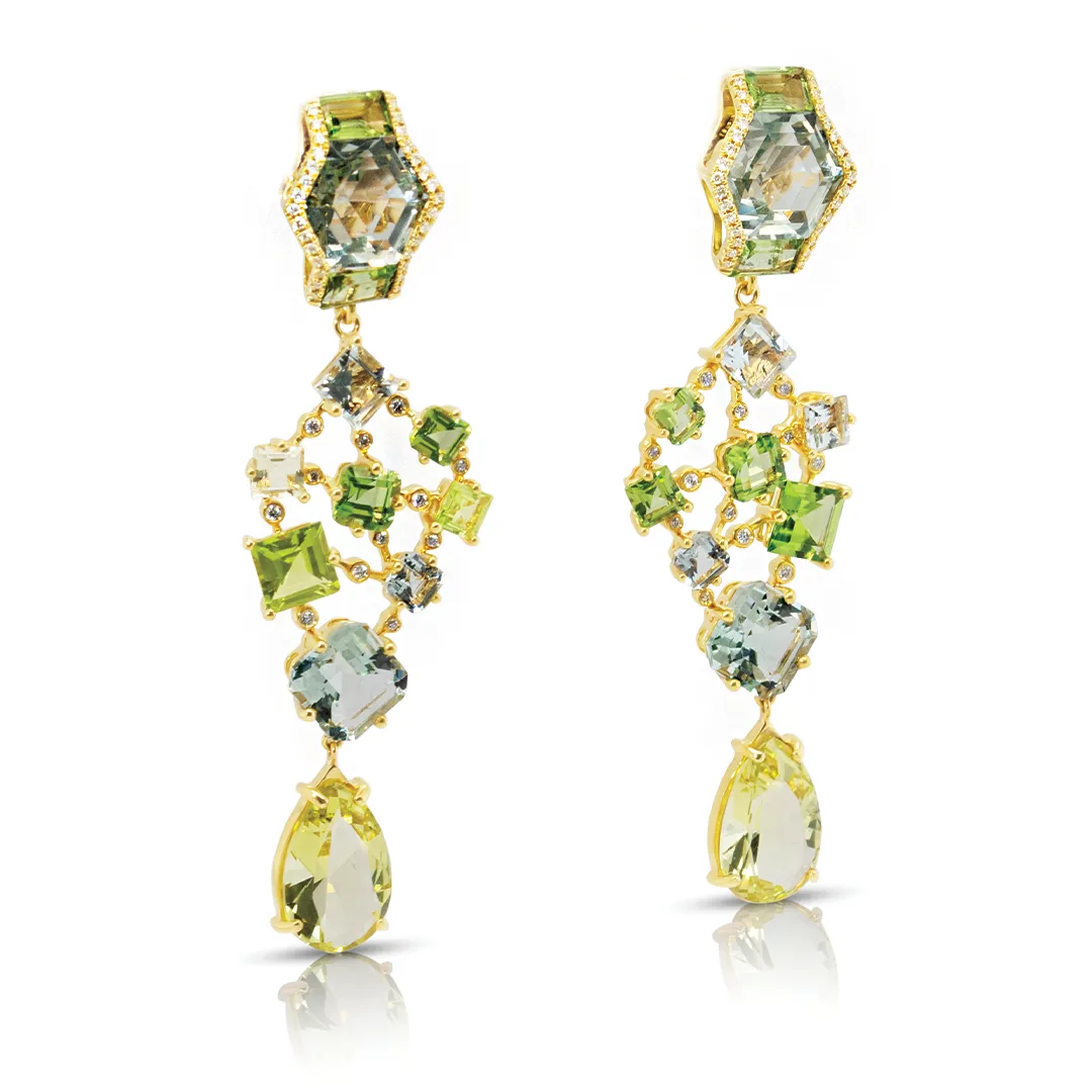 18K Gold Geometric green gemstones and diamonds detachable earrings