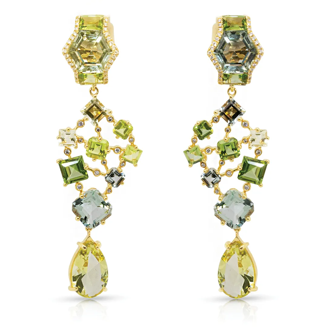 18K Gold Geometric green gemstones and diamonds detachable earrings