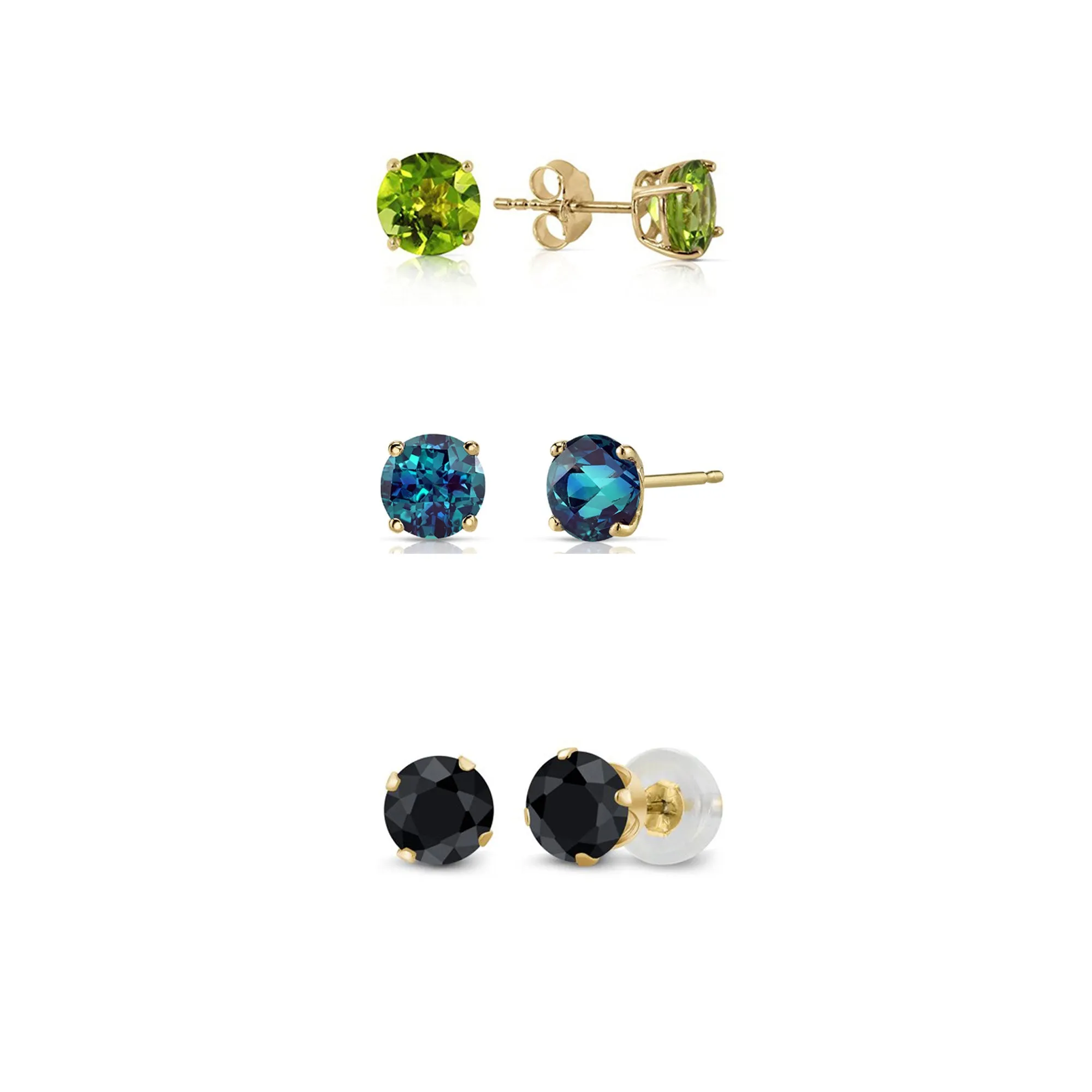 18k Yellow Gold Plated 1/2Ct Created Peridot, Alexandrite and Black Sapphire 3 Pair Round Stud Earrings