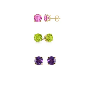 18k Yellow Gold Plated 3Ct Created Pink Sapphire, Peridot and Amethyst 3 Pair Round Stud Earrings