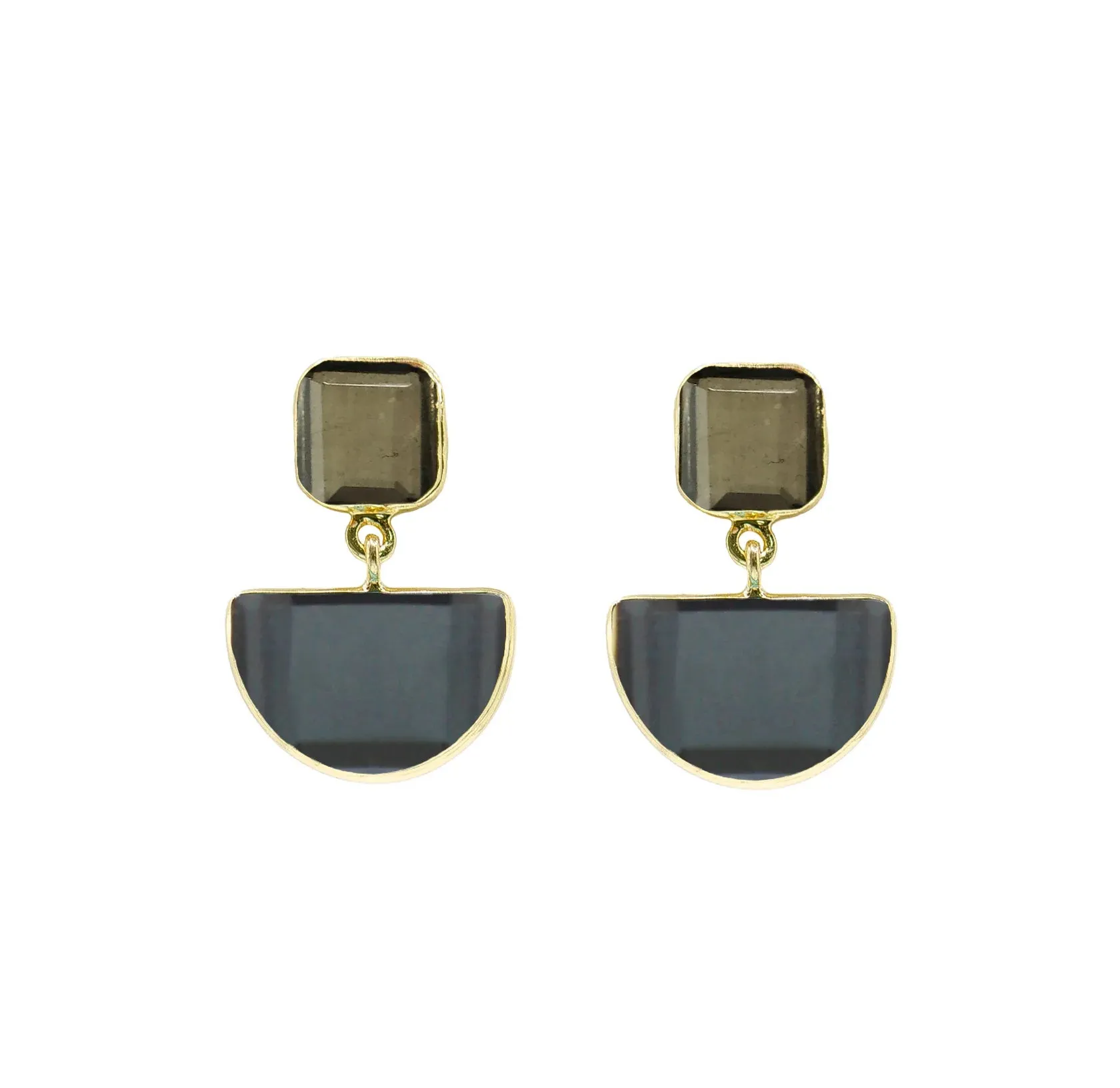 18K YG Plated Square Stone Top & 1/2 Round Moonstone Drop Earrings