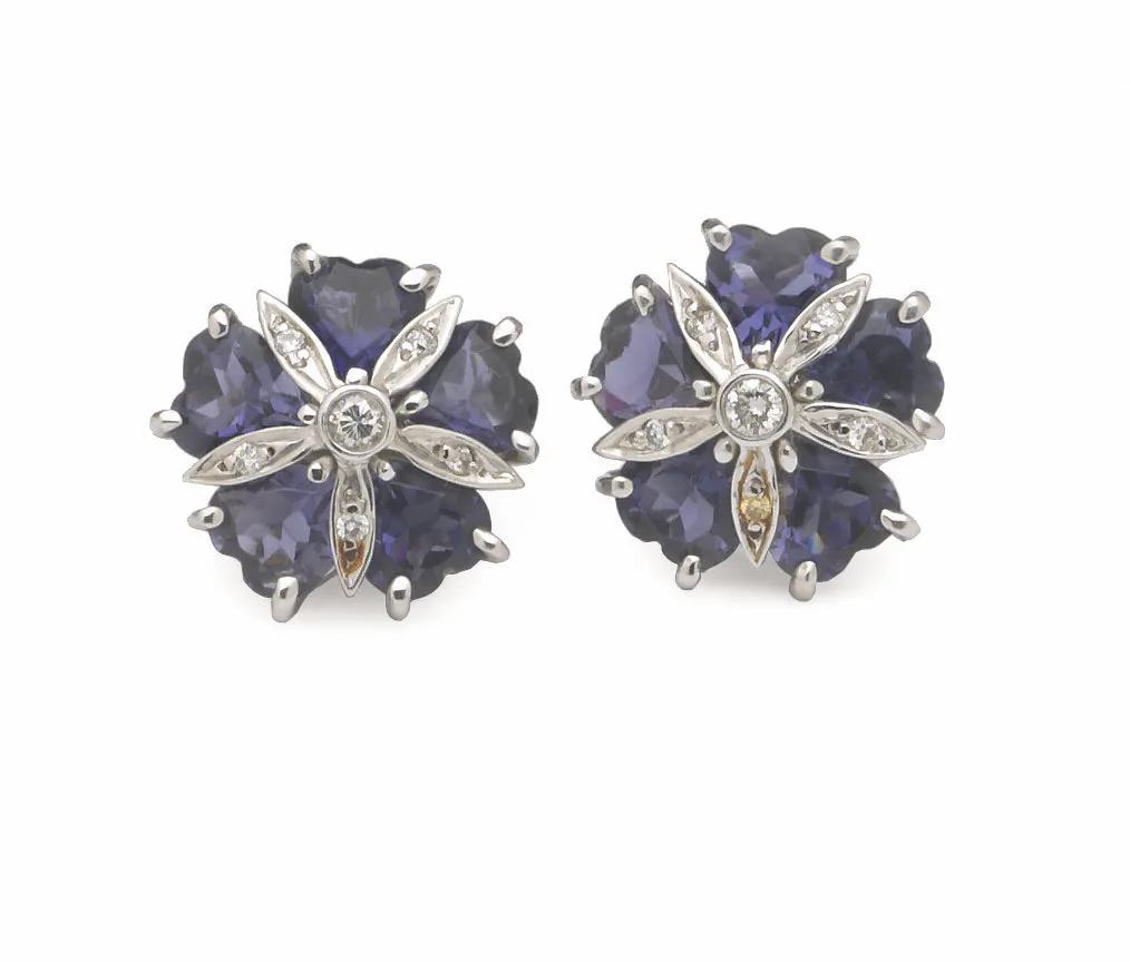 18kt White Gold Mini Sand Dollar Earrings with Iolite and Diamonds