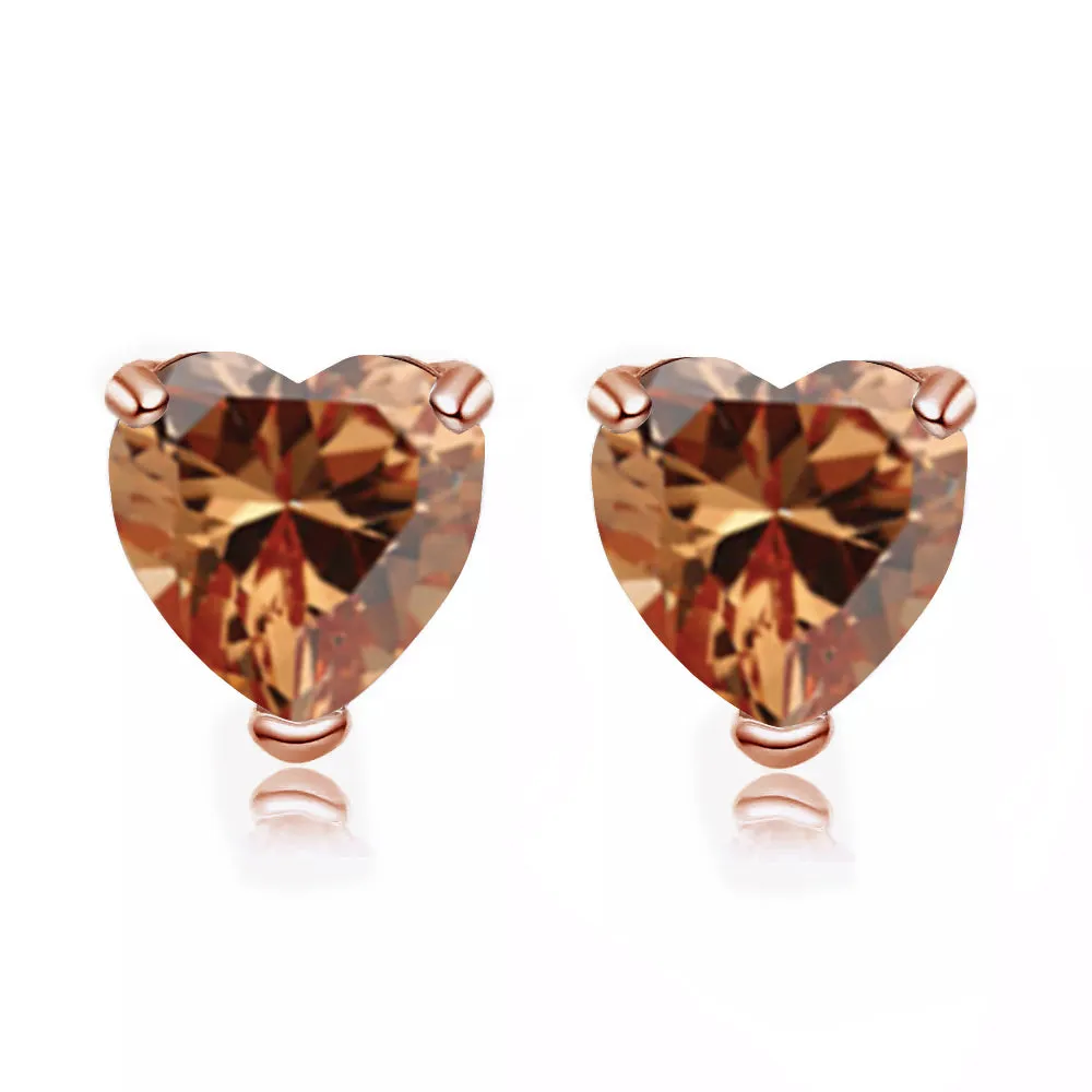 24k Rose Gold Plated 2 Carat Heart Created Citrine Sapphire Stud Earrings